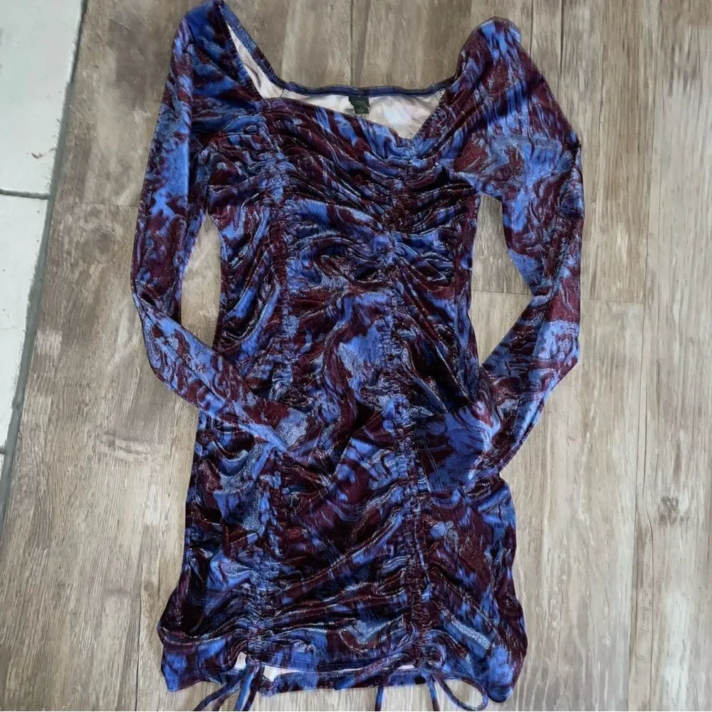 Wild fable Velvet Bodycon Blue Marble Long Sleeve Ruched Mini Dress large